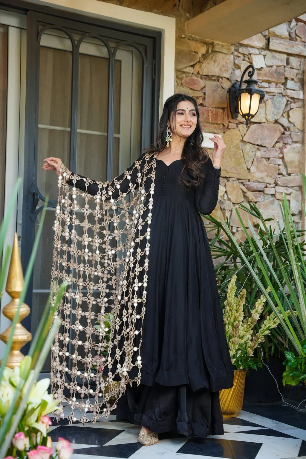 Your Designer Studio Black Crepe Kurta Palazzo Set with Heavy Net Embroidered Dupatta