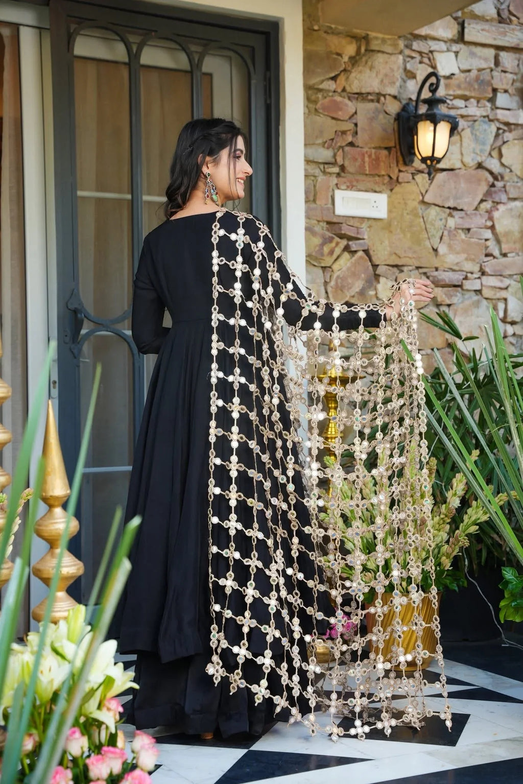 Your Designer Studio Black Crepe Kurta Palazzo Set with Heavy Net Embroidered Dupatta