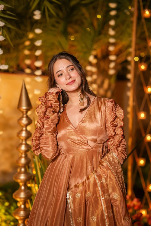 Avishka Copper Silk Anarkali Gown Set with Flared Silhouette & Elegant Dupatta