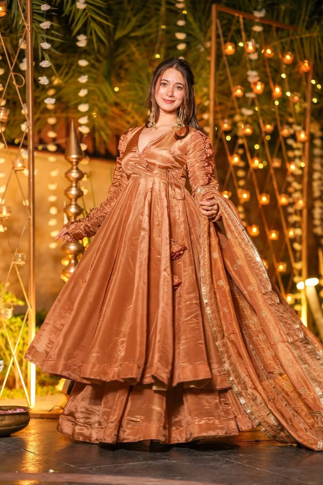 Avishka Copper Silk Anarkali Gown Set with Flared Silhouette & Elegant Dupatta