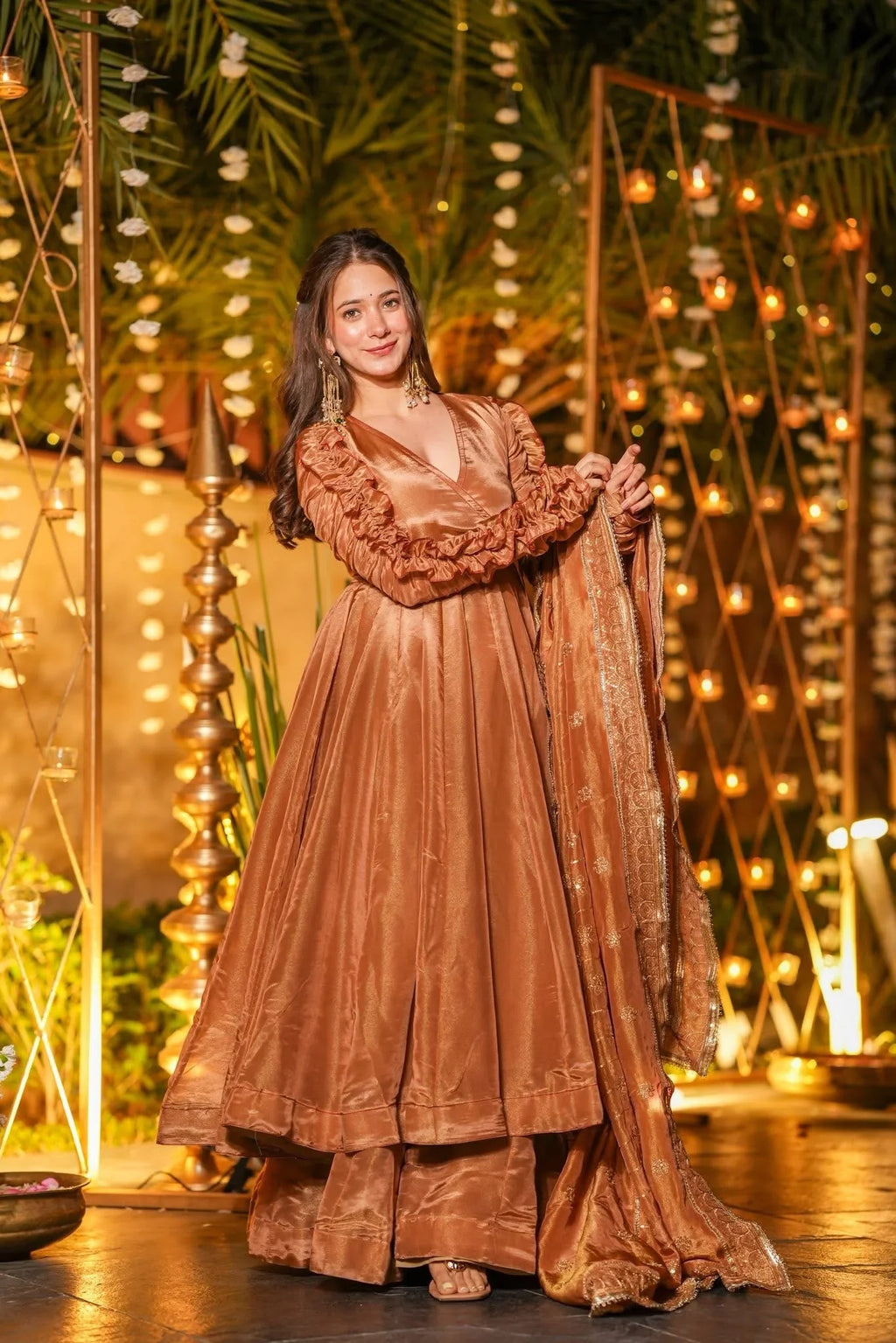 Your Designer Studio Copper Silk Anarkali Gown Set with Flared Silhouette & Elegant Dupatta