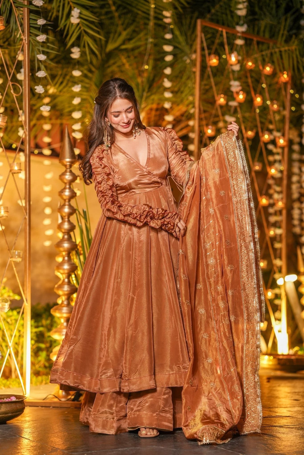 Your Designer Studio Copper Silk Anarkali Gown Set with Flared Silhouette & Elegant Dupatta