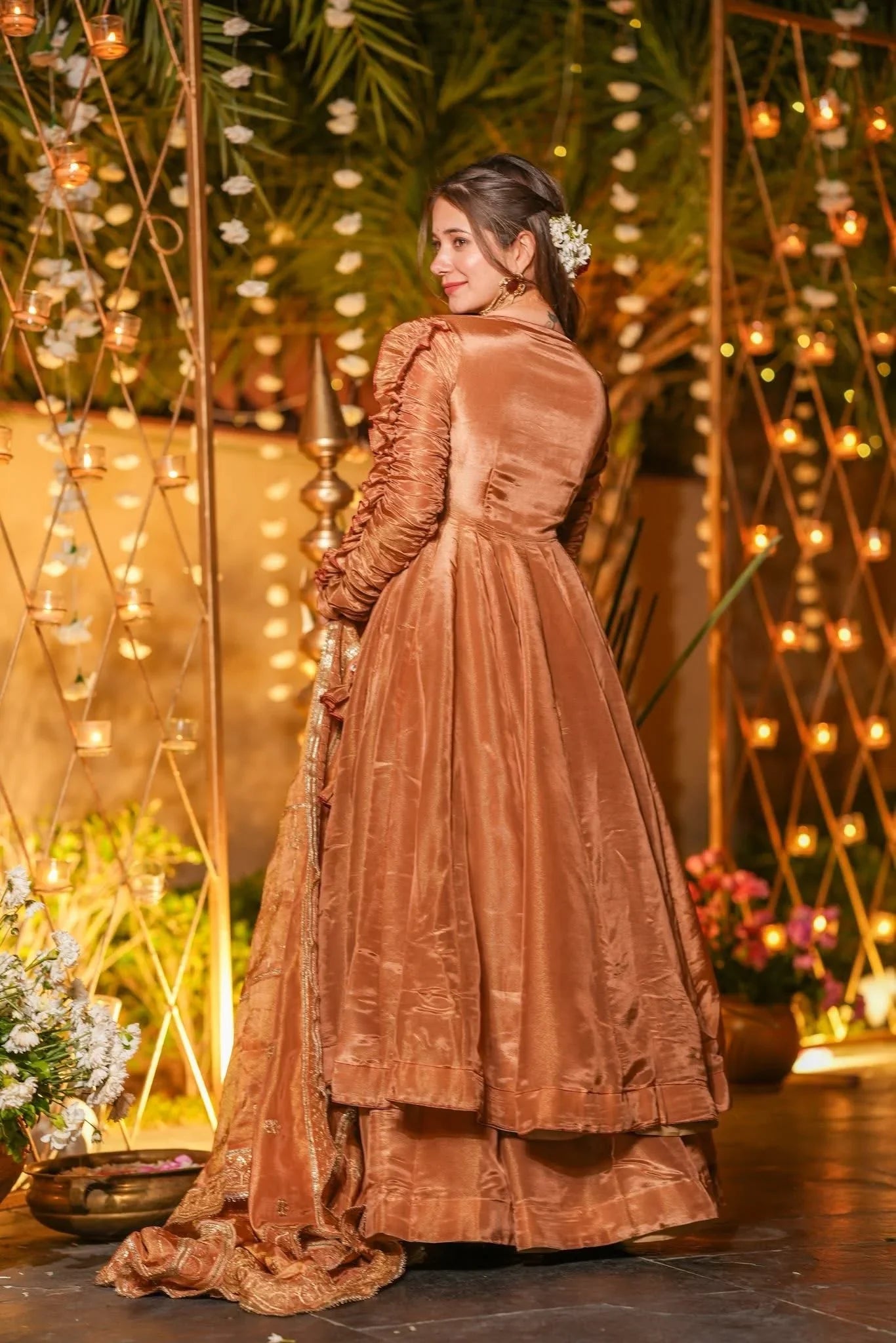 Avishka Copper Silk Anarkali Gown Set with Flared Silhouette & Elegant Dupatta