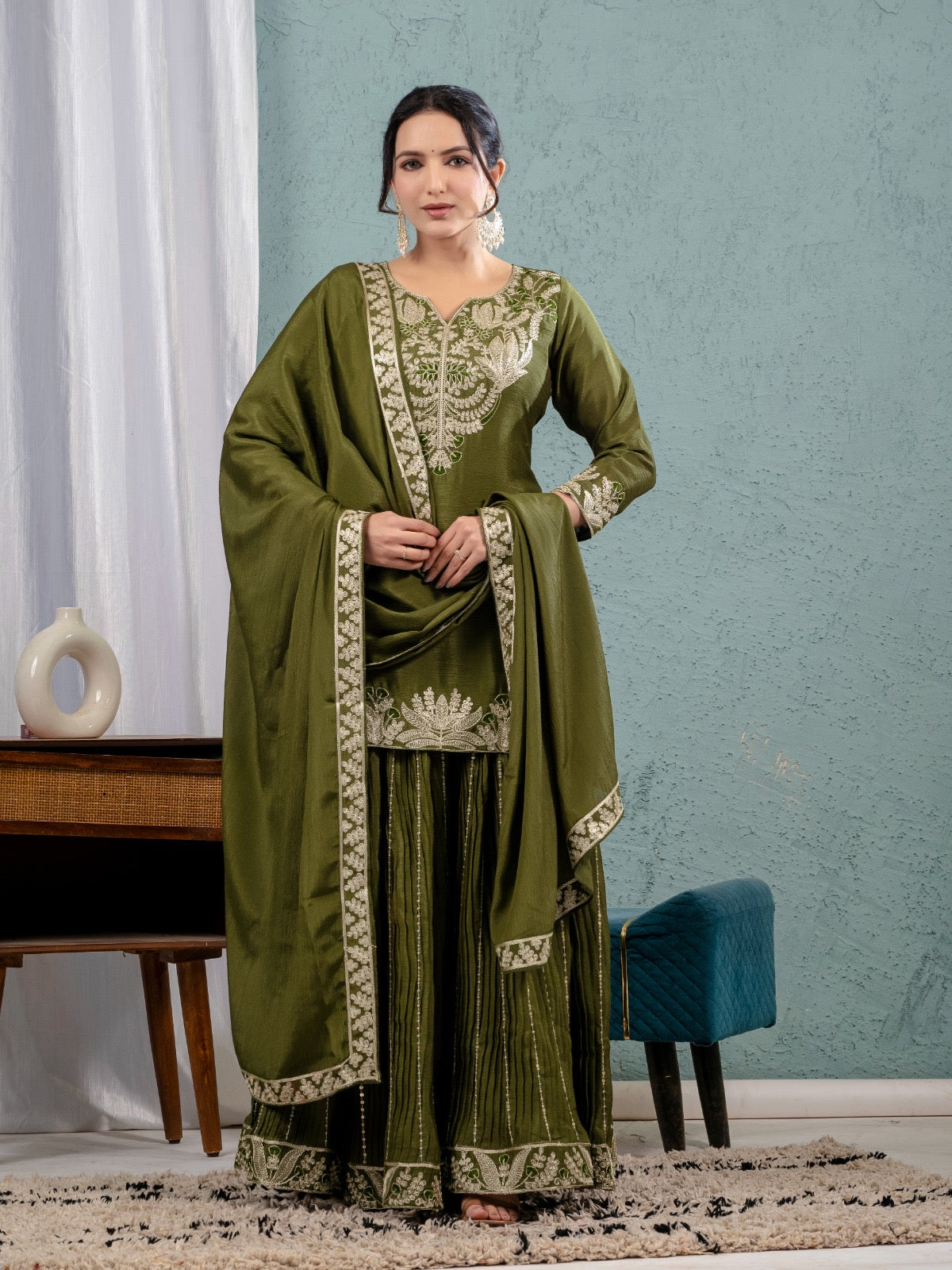 Luxury Partywear Sharara Suit – Chinnon Silk & Sequence Work (ND-5023)
