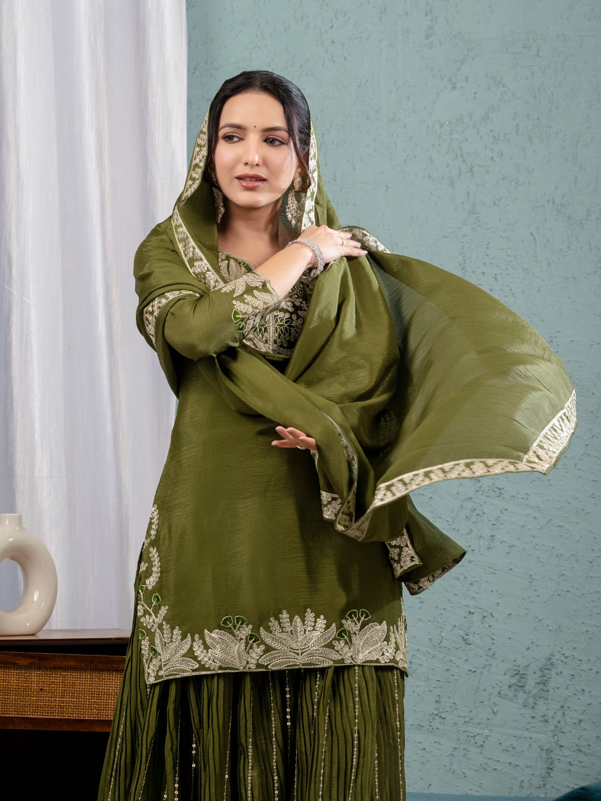 Luxury Partywear Sharara Suit – Chinnon Silk & Sequence Work (ND-5023)