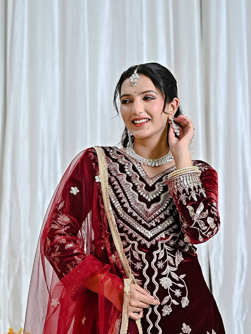 Velvet Embroidered Dhoti Set for Women – Heavy Viscose Velvet Kurta with Butterfly Net Dupatta | Sequin Work Ethnic Party Wear Outfit