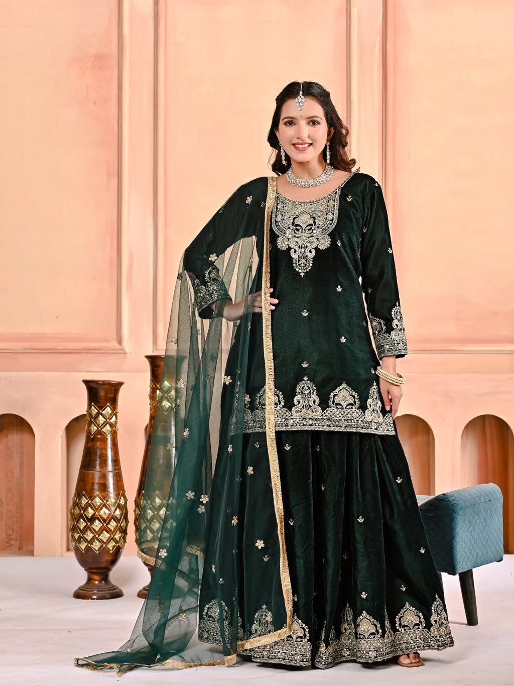 Designer Heavy Viscous Velvet Sharara Palazzo Set with Embroidery & Net Dupatta