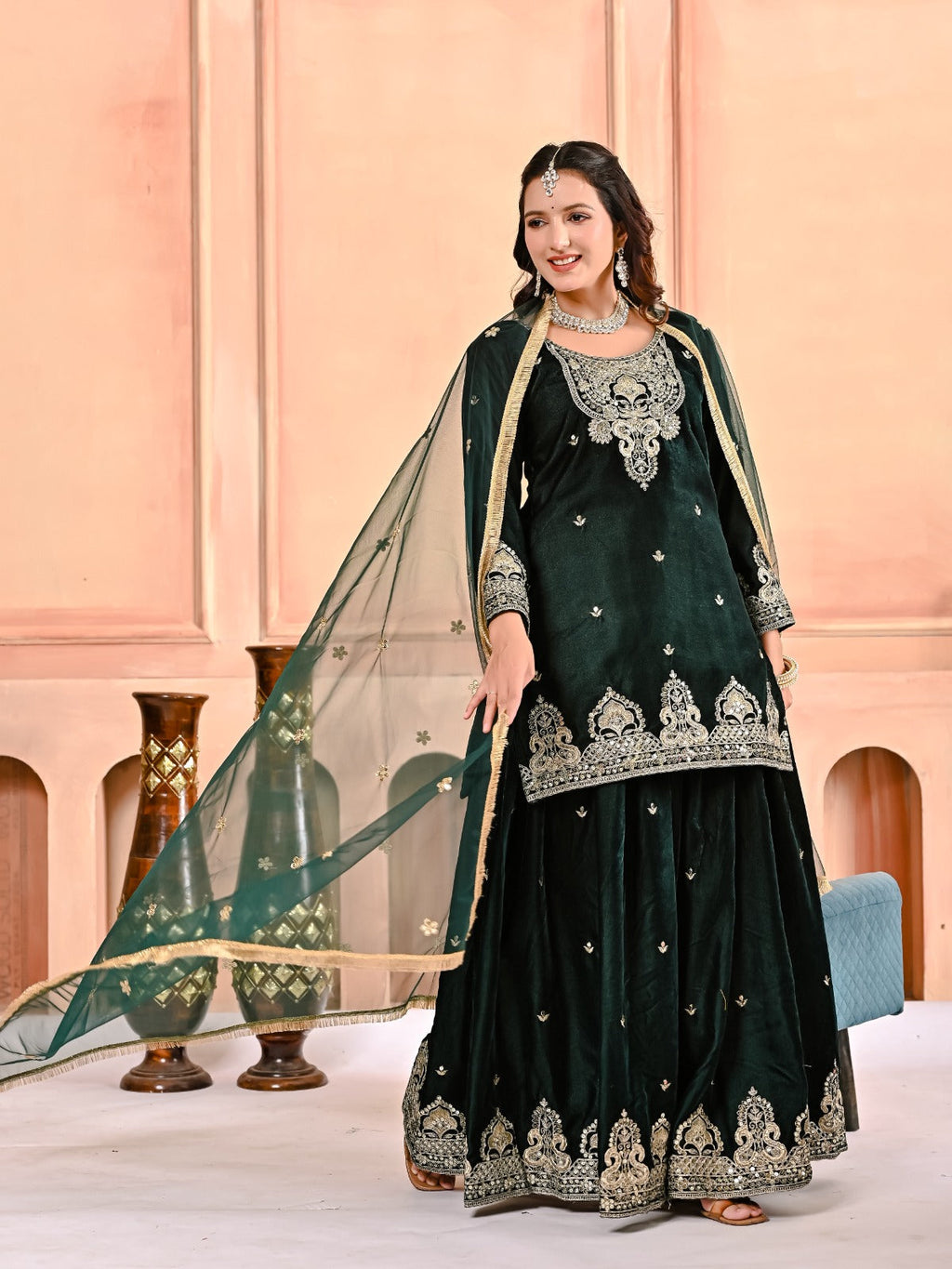Designer Heavy Viscous Velvet Sharara Palazzo Set with Embroidery & Net Dupatta