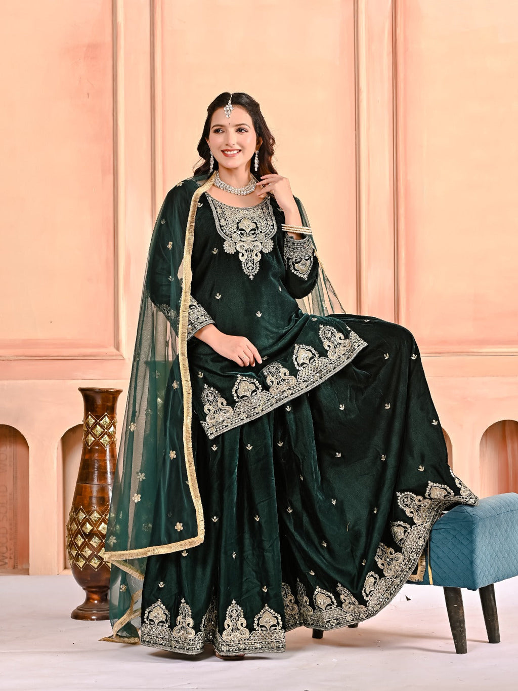 Designer Heavy Viscous Velvet Sharara Palazzo Set with Embroidery & Net Dupatta