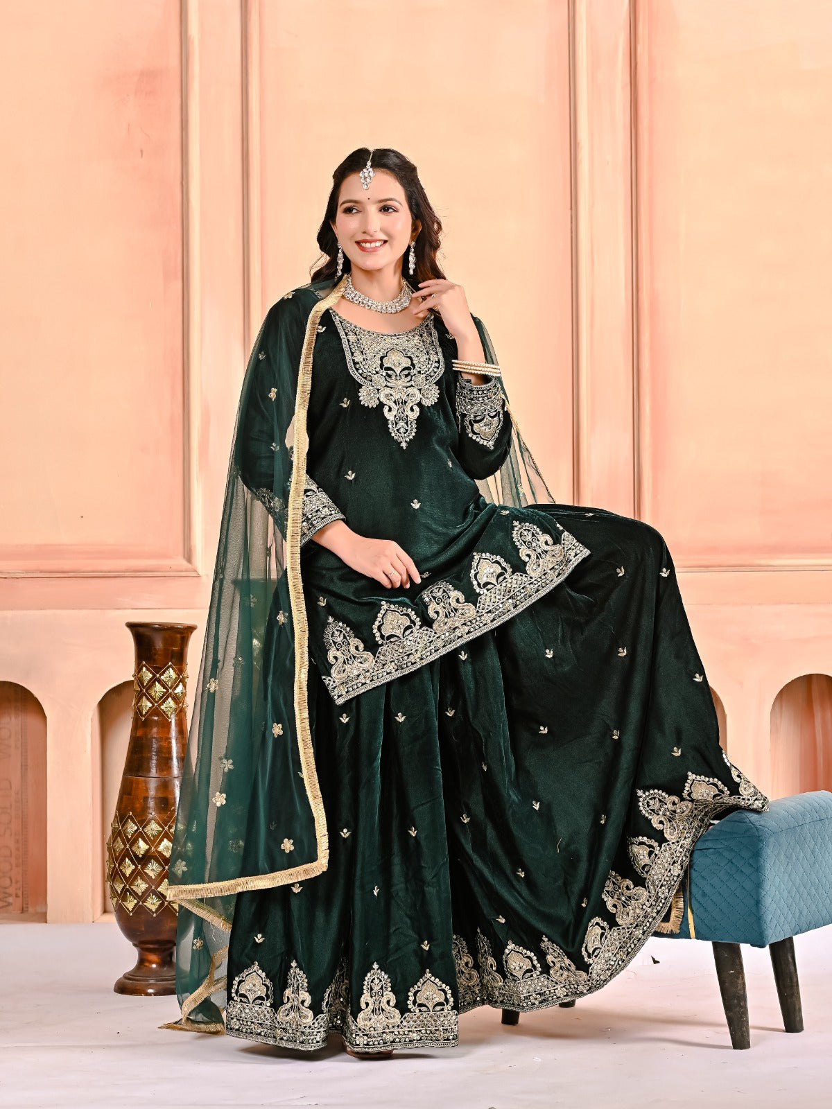 Designer Heavy Viscous Velvet Sharara Palazzo Set with Embroidery & Net Dupatta