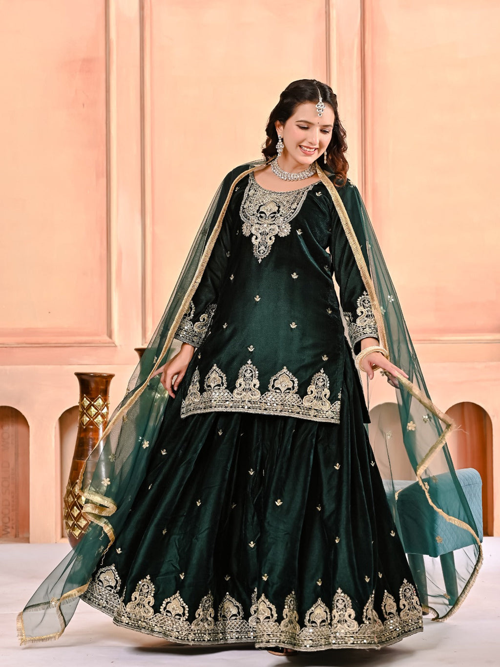 Designer Heavy Viscous Velvet Sharara Palazzo Set with Embroidery & Net Dupatta