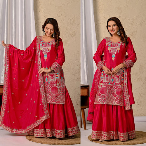 Chinnon Silk Party Wear Top Sharara Palazzo Dupatta Set ND-5047 (63)