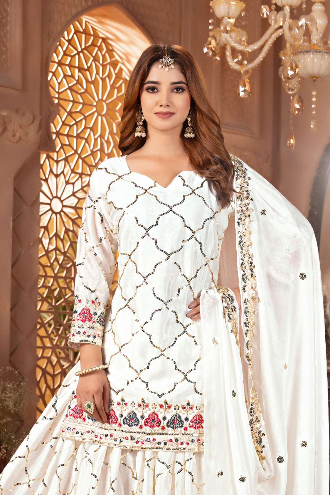 New Arrival Heavy Chinon Silk Embroidered Party Wear Top & Sharara