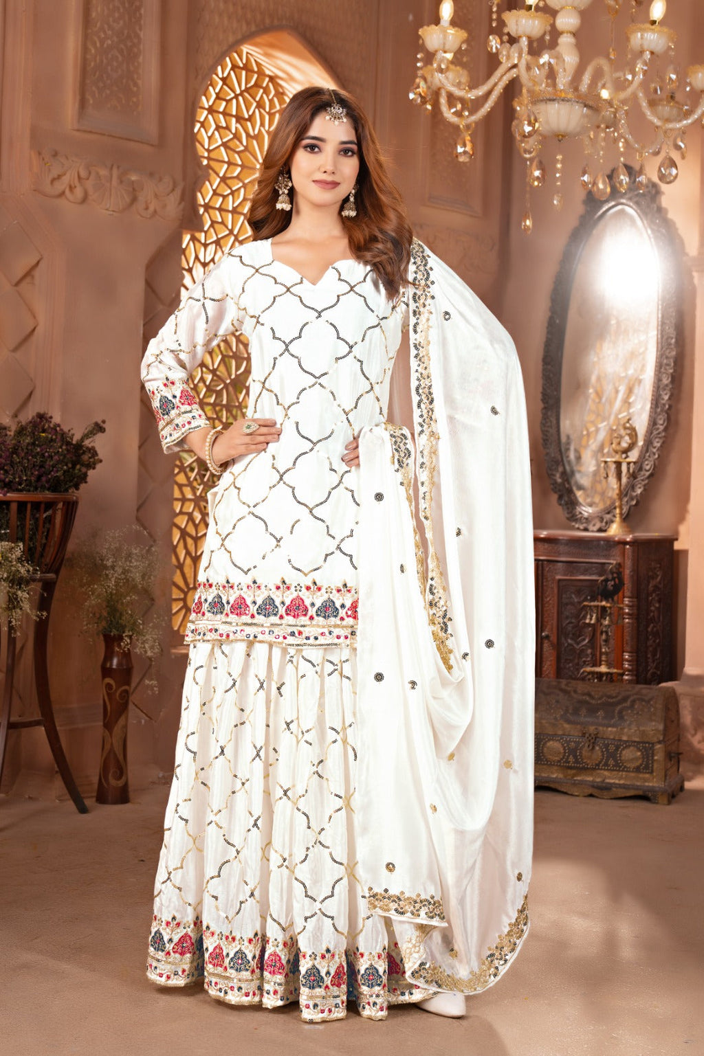 New Arrival Heavy Chinon Silk Embroidered Party Wear Top & Sharara