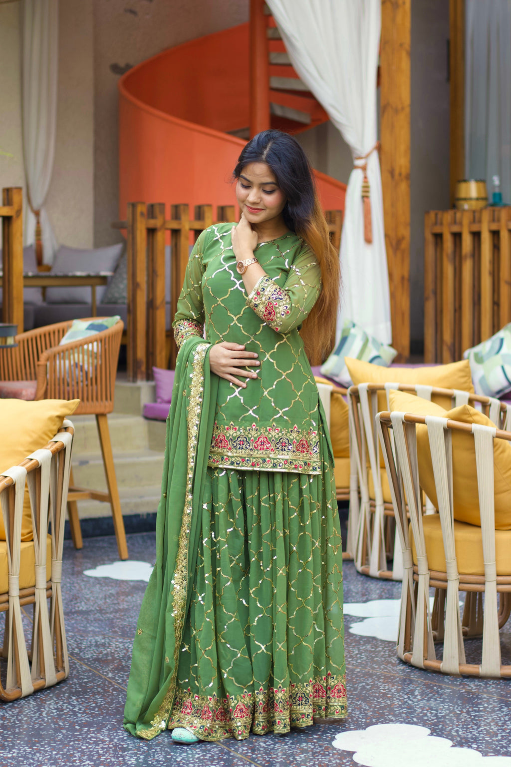 New Arrival Heavy Chinon Silk Embroidered Party Wear Top & Sharara