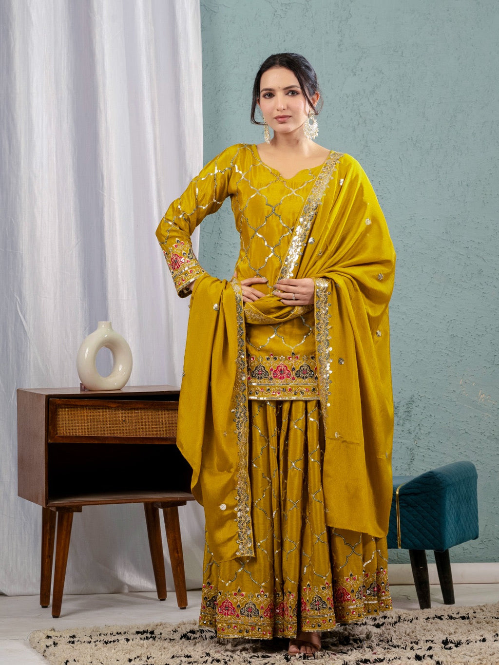 New Arrival Heavy Chinon Silk Embroidered Party Wear Top & Sharara