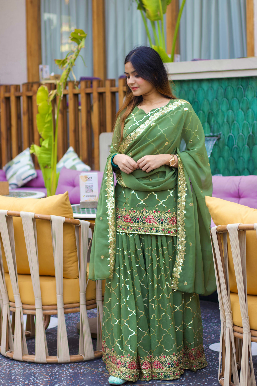 New Arrival Heavy Chinon Silk Embroidered Party Wear Top & Sharara