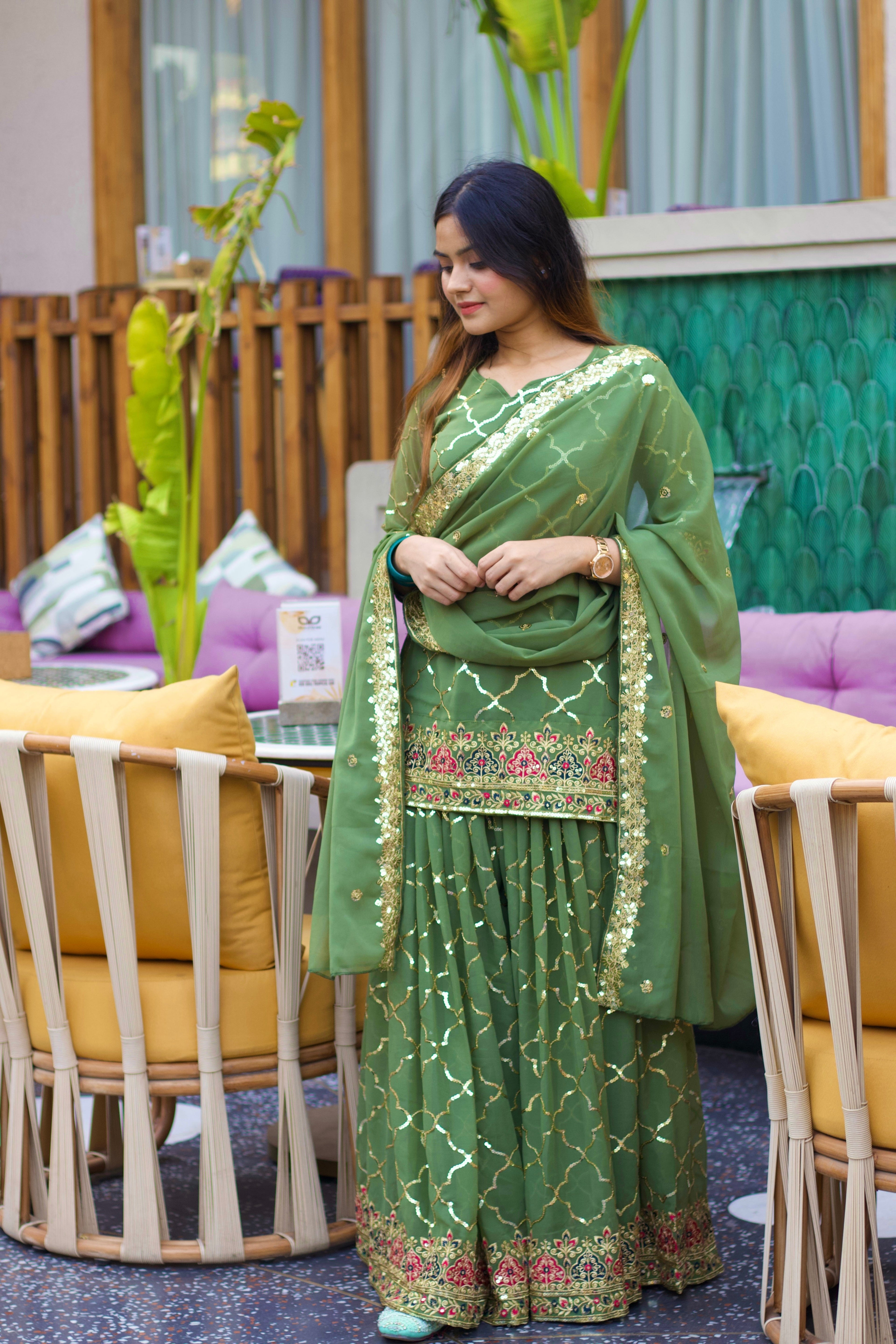 New Arrival Heavy Chinon Silk Embroidered Party Wear Top & Sharara