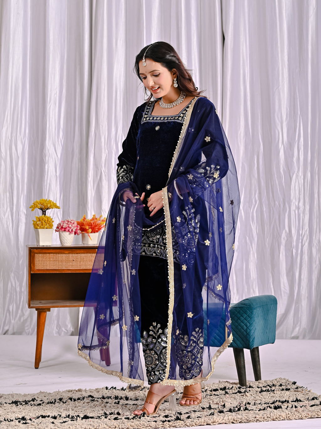 Luxury Pure Velvet Heavy Embroidered Suit Set with Multi-Sequence Work | Dupatta & Pant