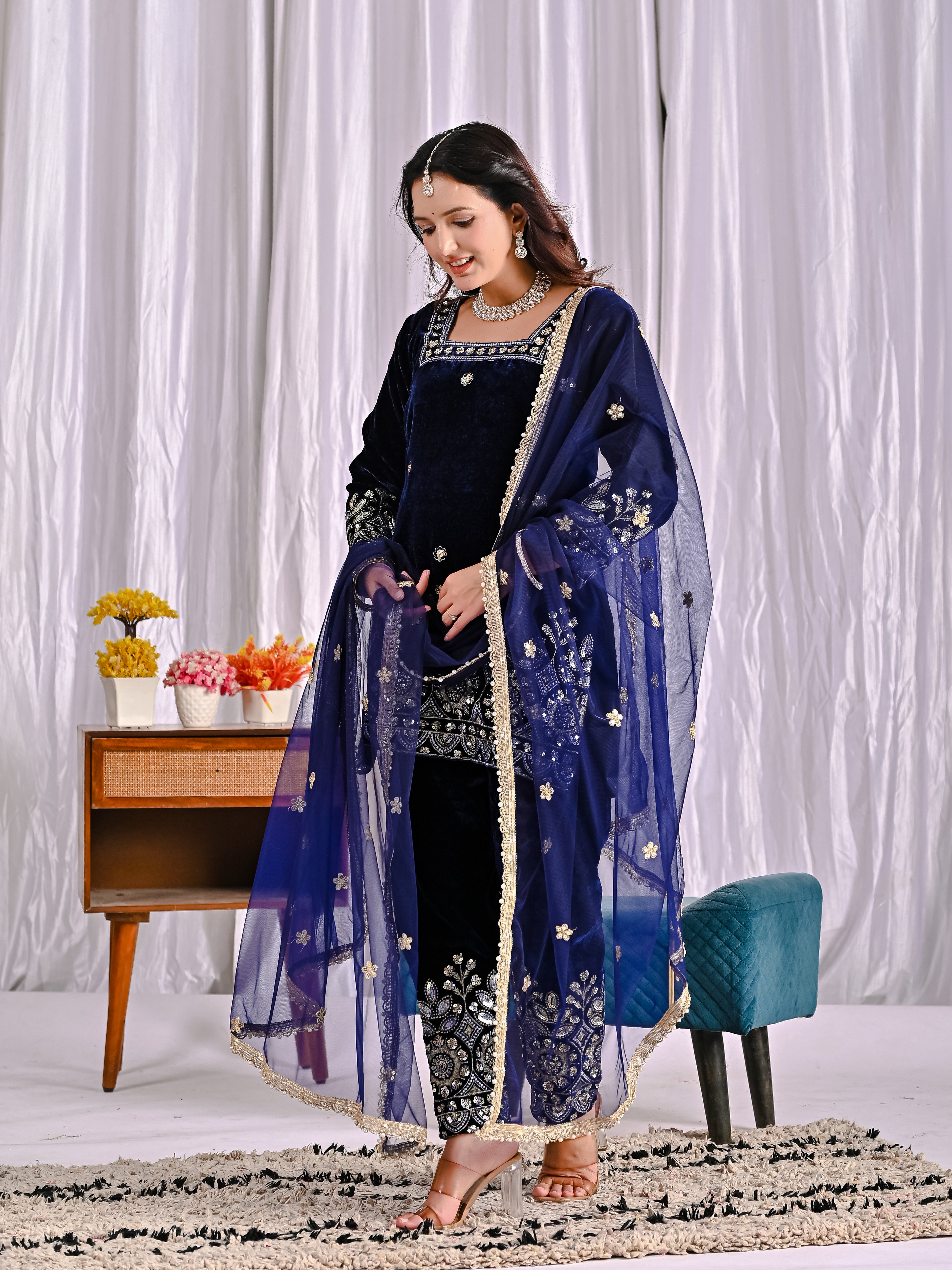 Luxury Pure Velvet Heavy Embroidered Suit Set with Multi-Sequence Work | Dupatta & Pant