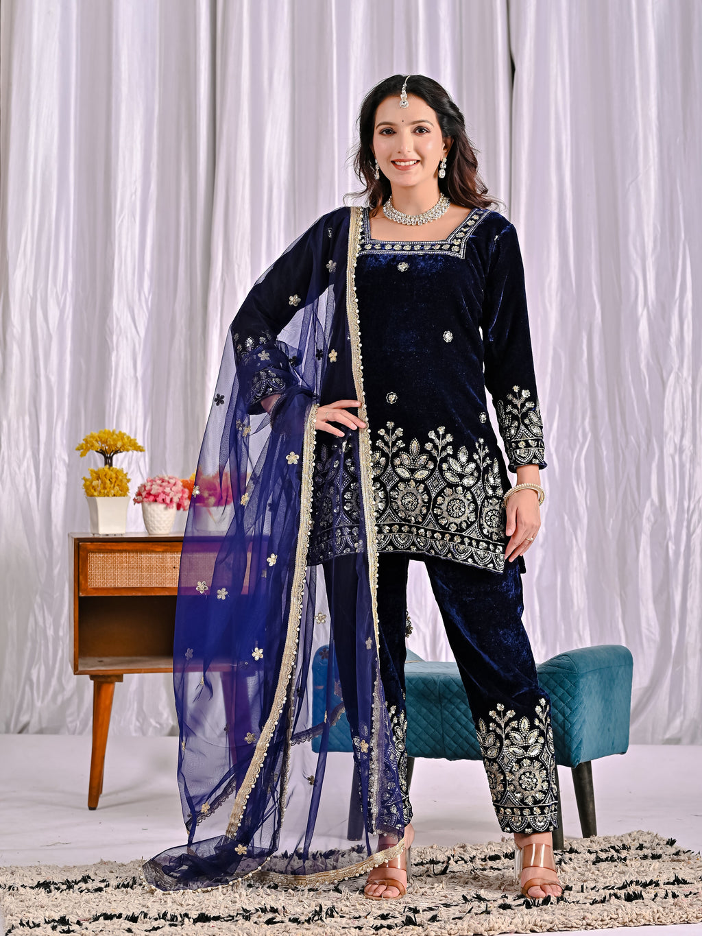 Luxury Pure Velvet Heavy Embroidered Suit Set with Multi-Sequence Work | Dupatta & Pant