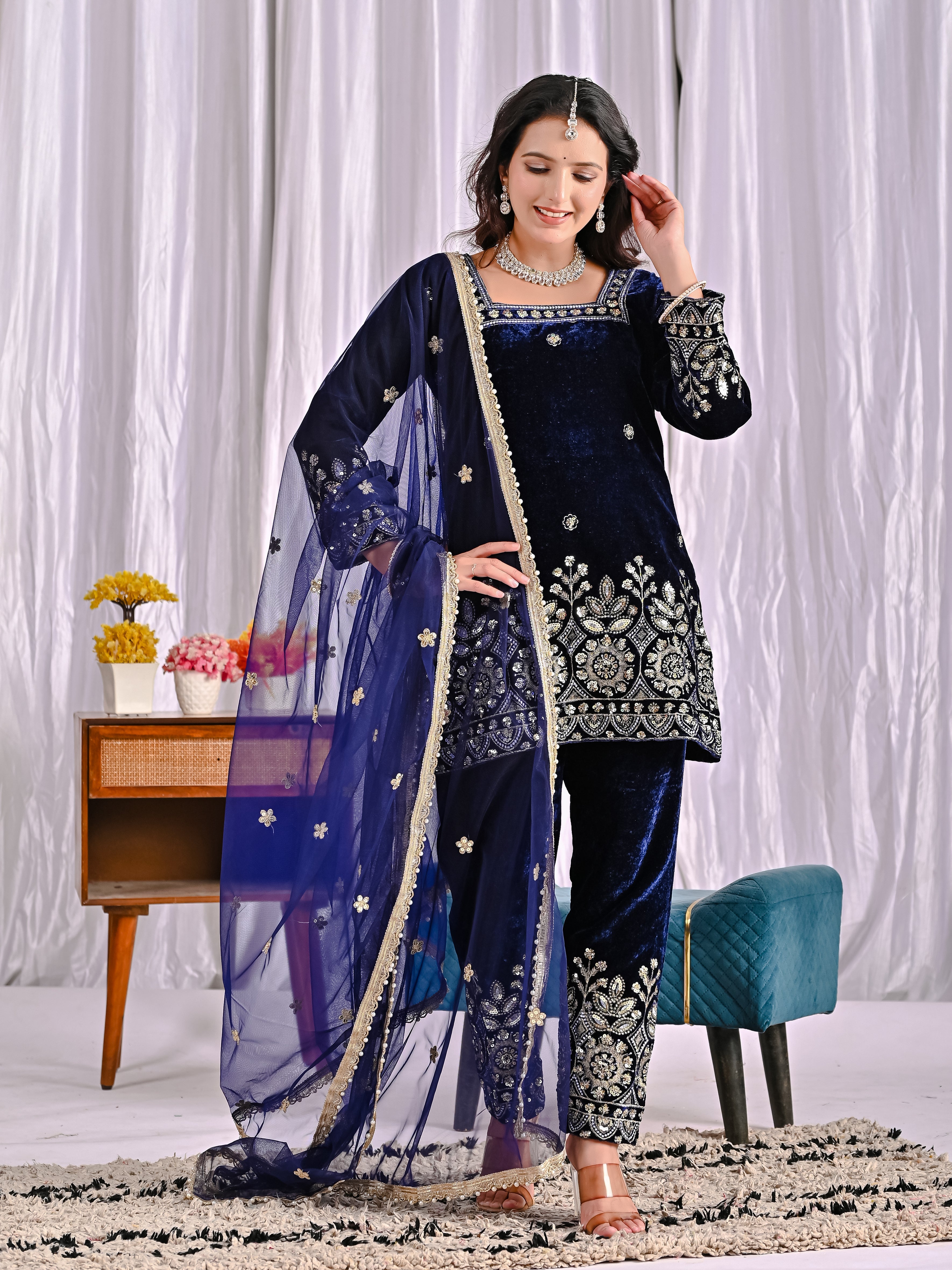 Luxury Pure Velvet Heavy Embroidered Suit Set with Multi-Sequence Work | Dupatta & Pant