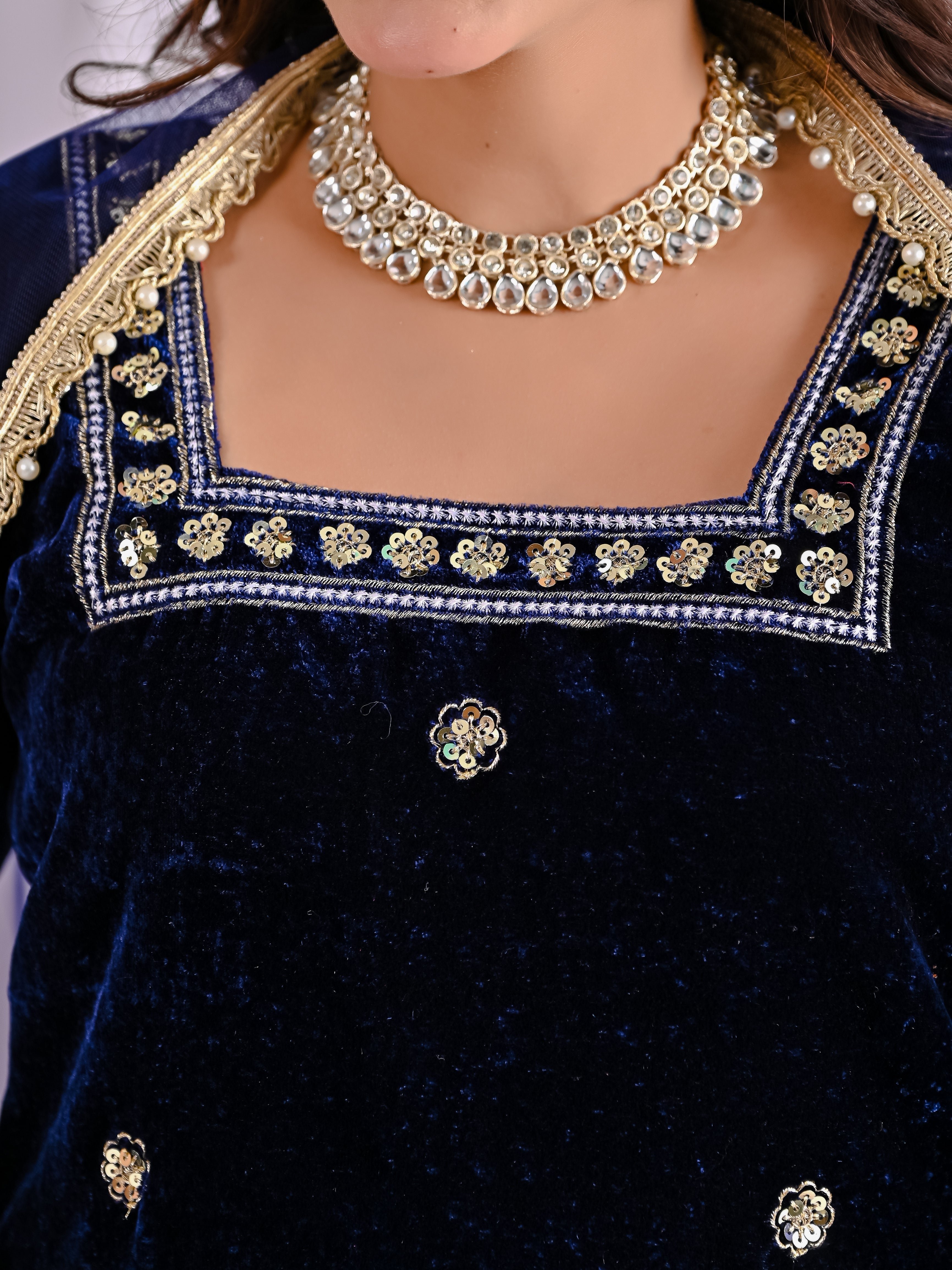 Luxury Pure Velvet Heavy Embroidered Suit Set with Multi-Sequence Work | Dupatta & Pant