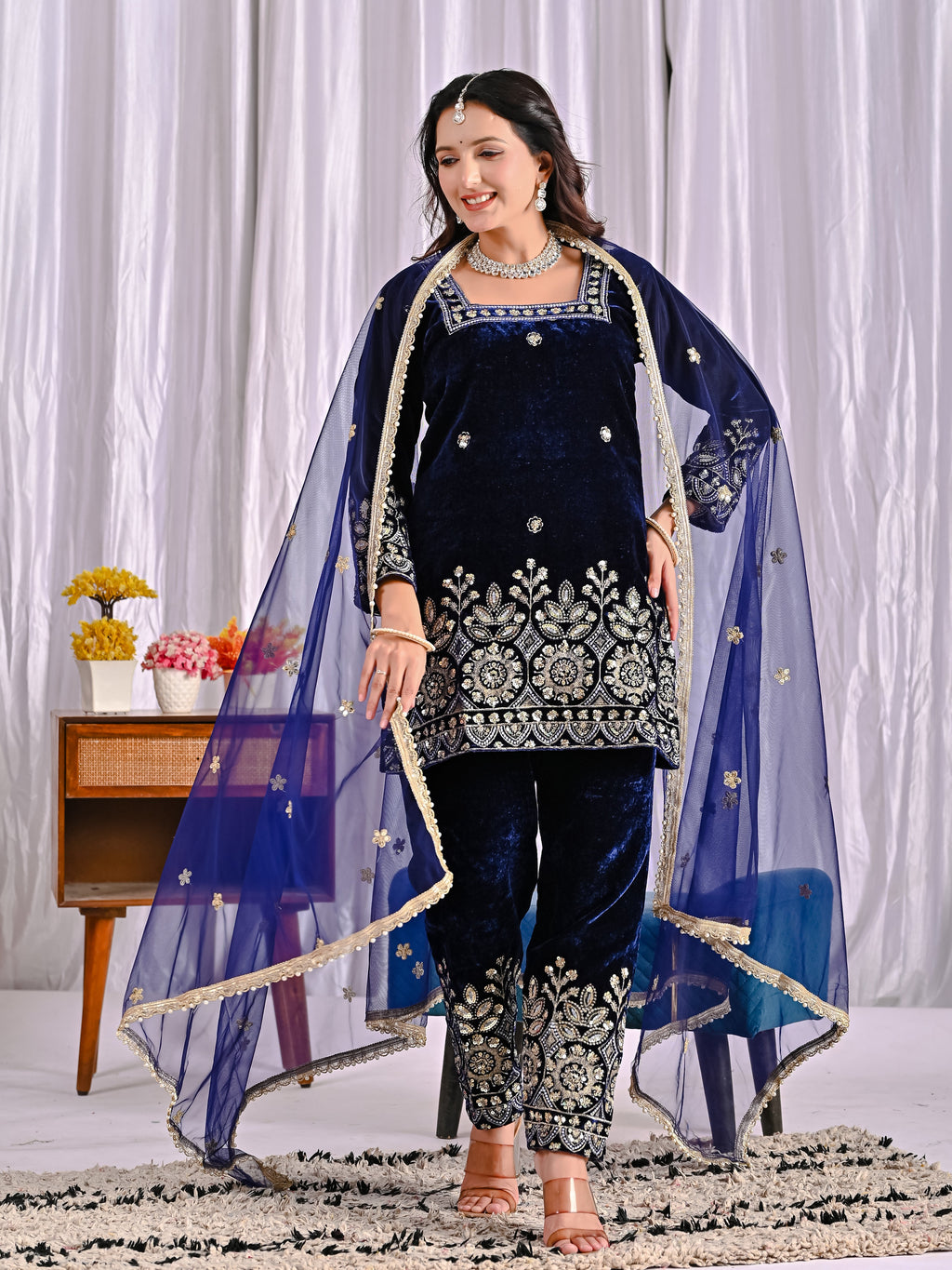 Luxury Pure Velvet Heavy Embroidered Suit Set with Multi-Sequence Work | Dupatta & Pant