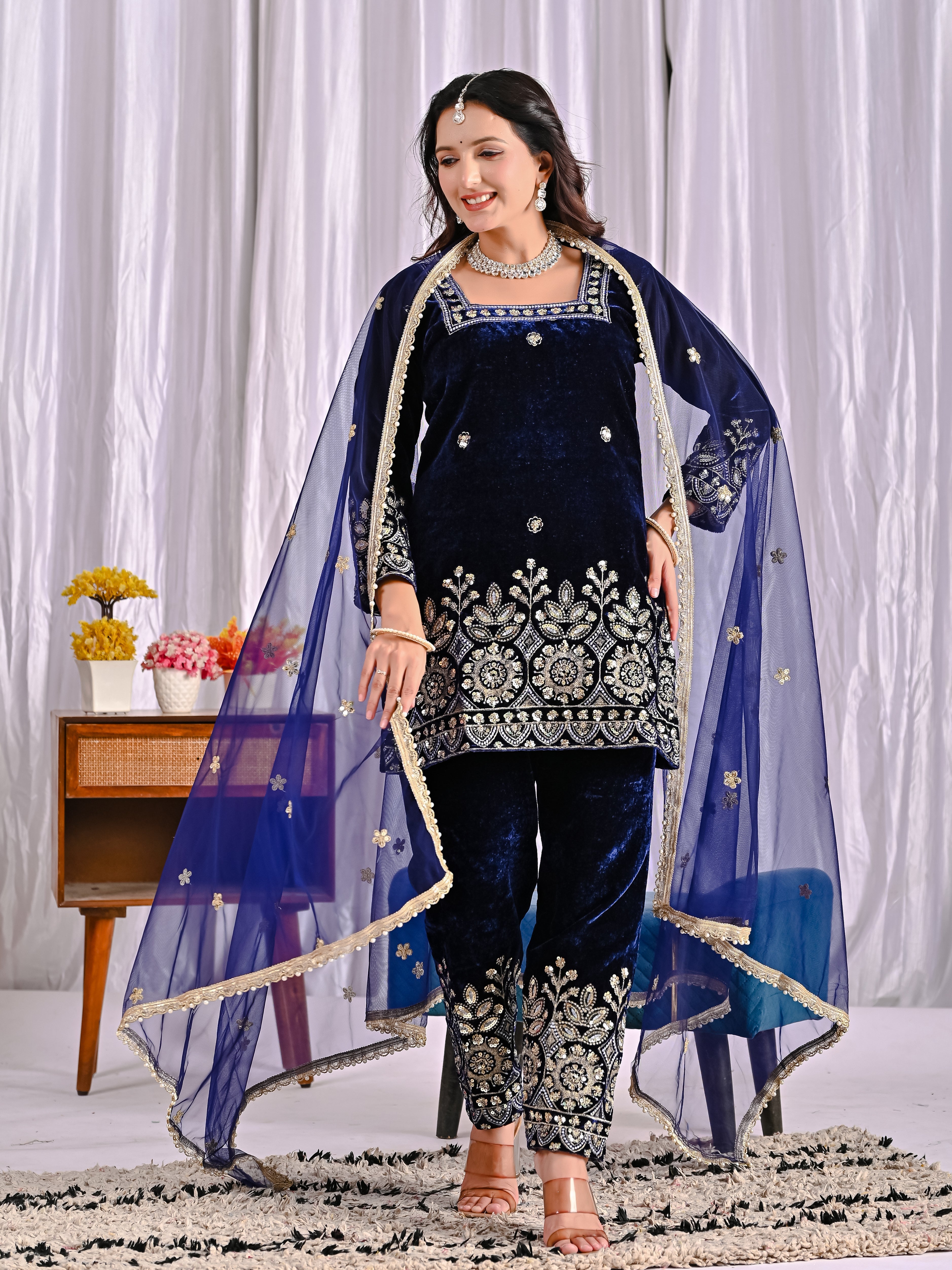 Luxury Pure Velvet Heavy Embroidered Suit Set with Multi-Sequence Work | Dupatta & Pant