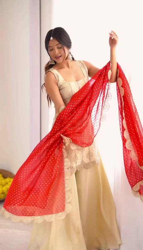 Designer Crepe Silk Embroidered Palazzo Suit with Printed Dupatta