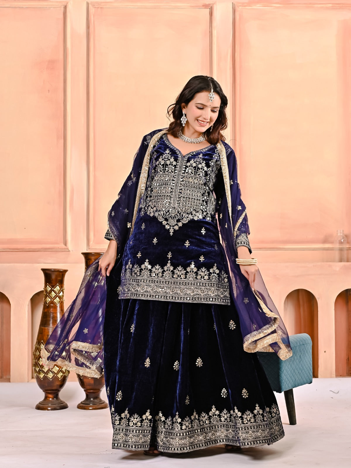 Premium Velvet Sharara Suit Set for Women – Heavy Viscose Velvet Embroidery, Sequence Work, Butterfly Net Dupatta | Fully Stitched | Your Designer Studio