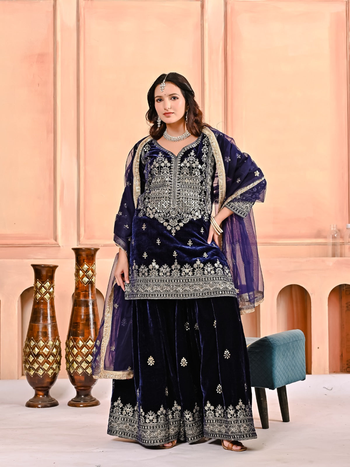Premium Velvet Sharara Suit Set for Women – Heavy Viscose Velvet Embroidery, Sequence Work, Butterfly Net Dupatta | Fully Stitched | Your Designer Studio