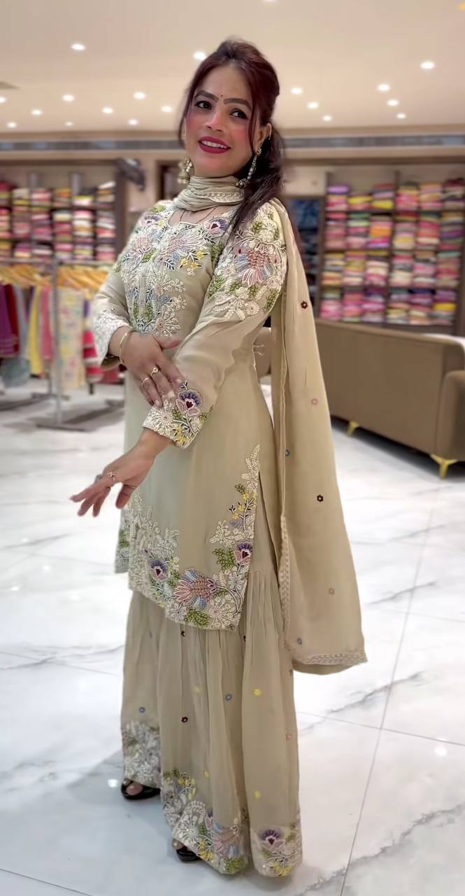 Elegant Embroidered Crepe Party Wear Sharara Palazzo Suit (ND-5046)