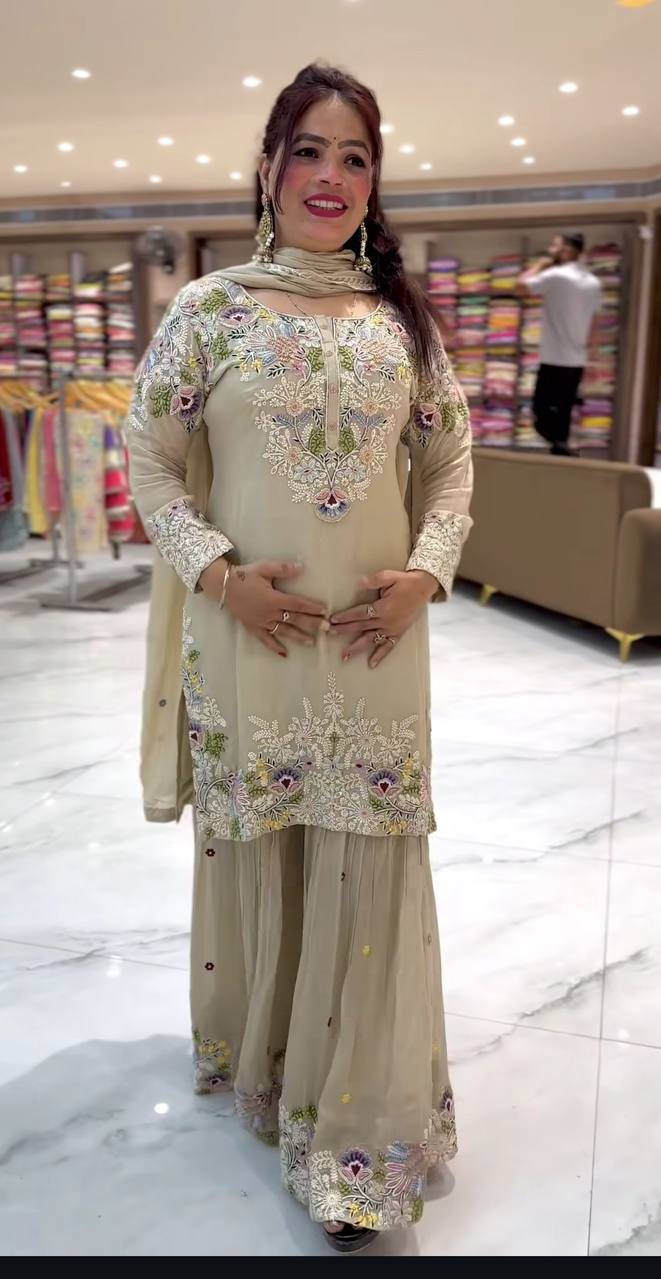 Elegant Embroidered Crepe Party Wear Sharara Palazzo Suit (ND-5046)