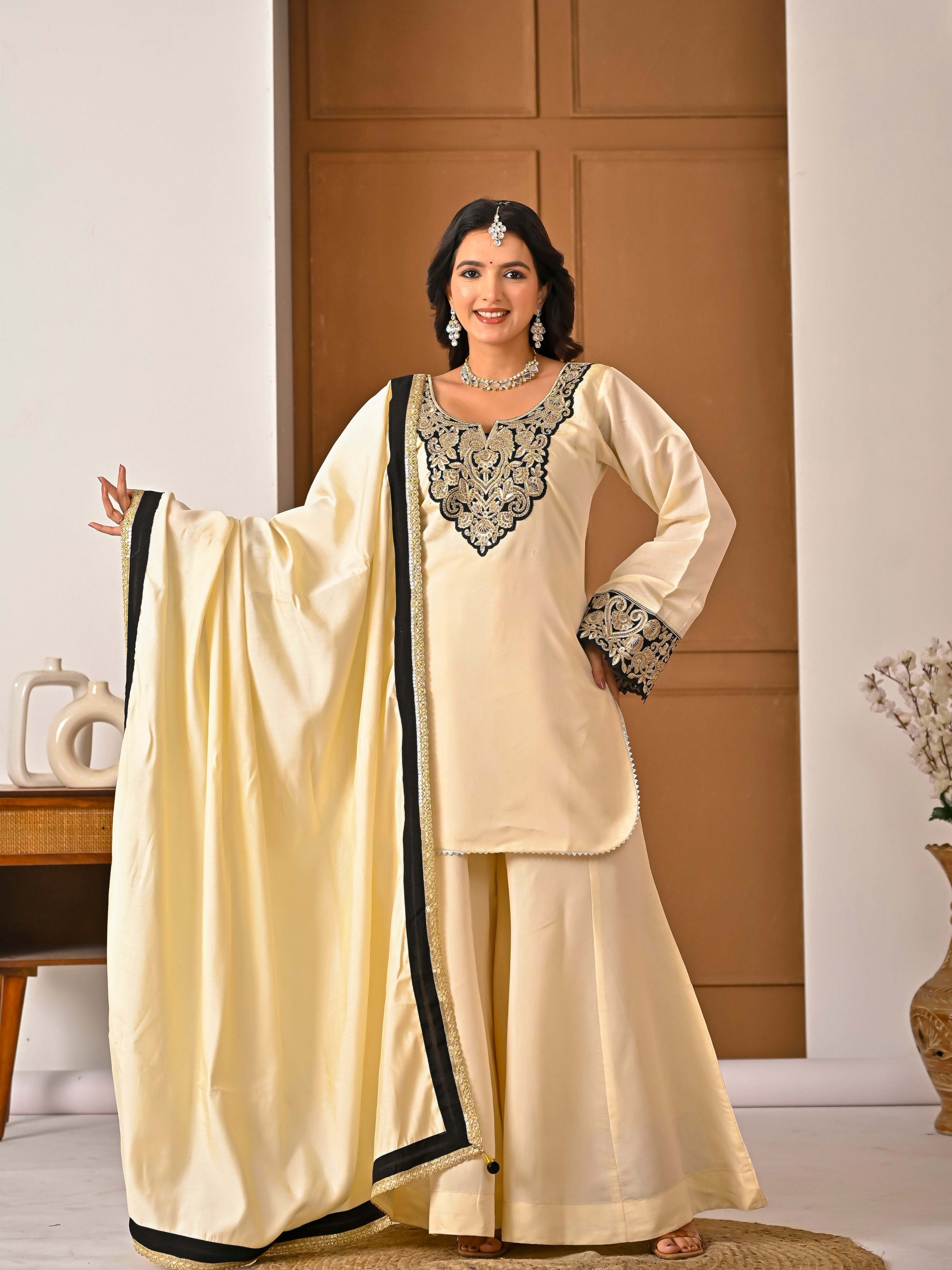 Your Designer Studio Roman Silk Embroidered Kurta Sharara Set with Dupatta
