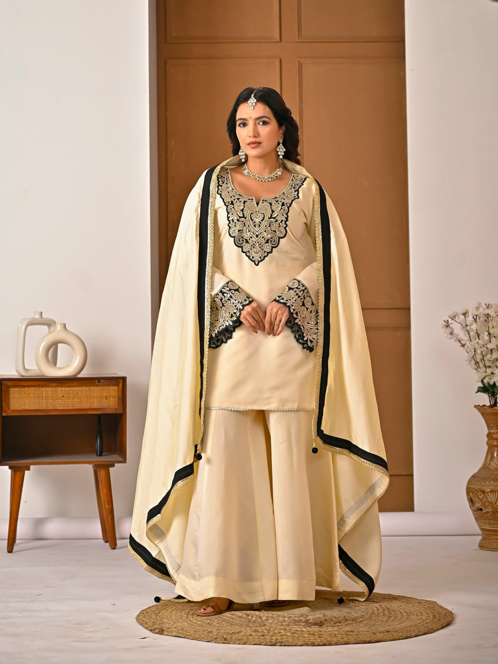 Your Designer Studio Roman Silk Embroidered Kurta Sharara Set with Dupatta