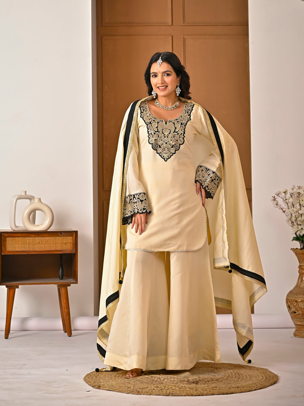 Your Designer Studio Roman Silk Embroidered Kurta Sharara Set with Dupatta