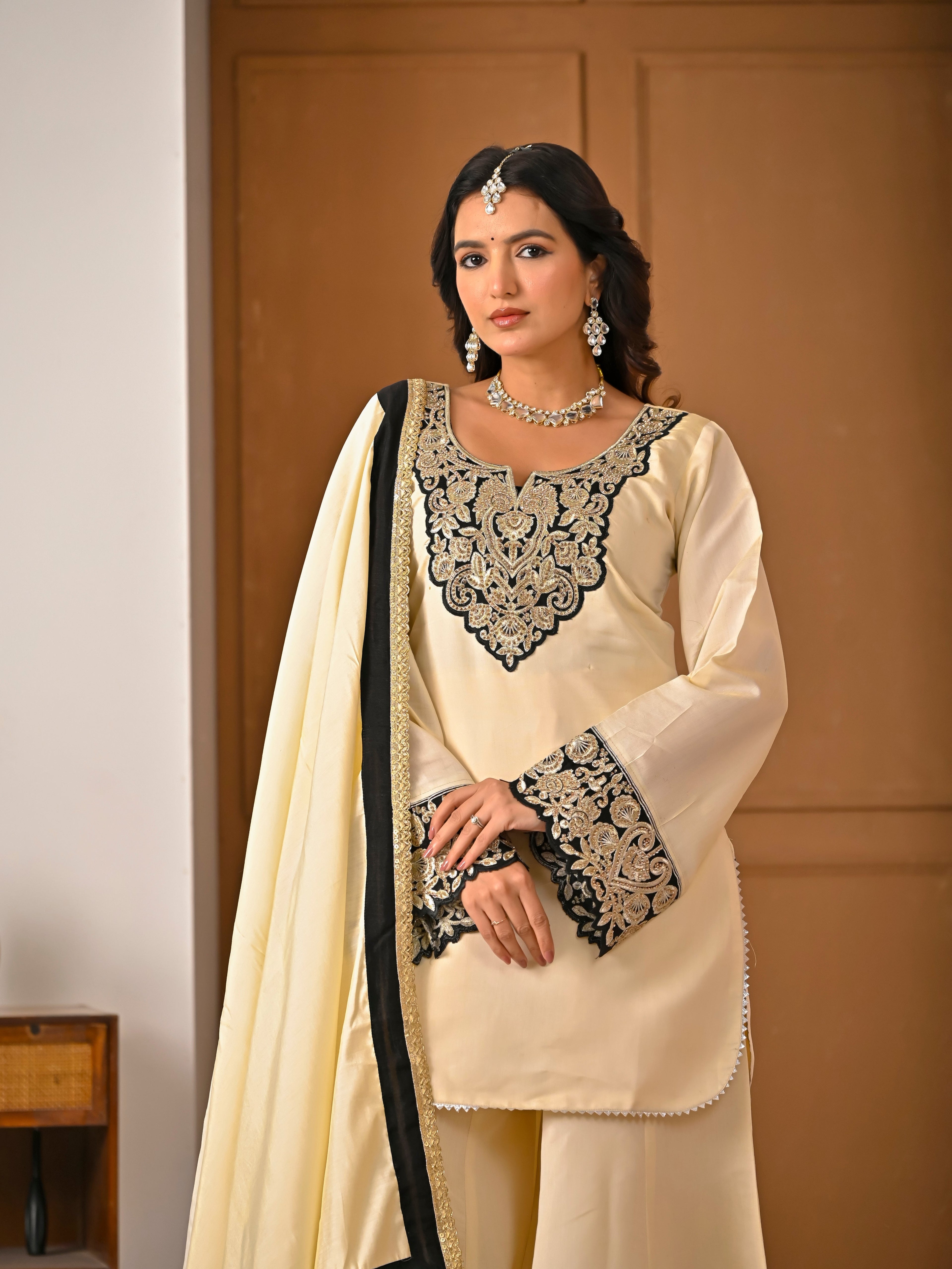 Your Designer Studio Roman Silk Embroidered Kurta Sharara Set with Dupatta