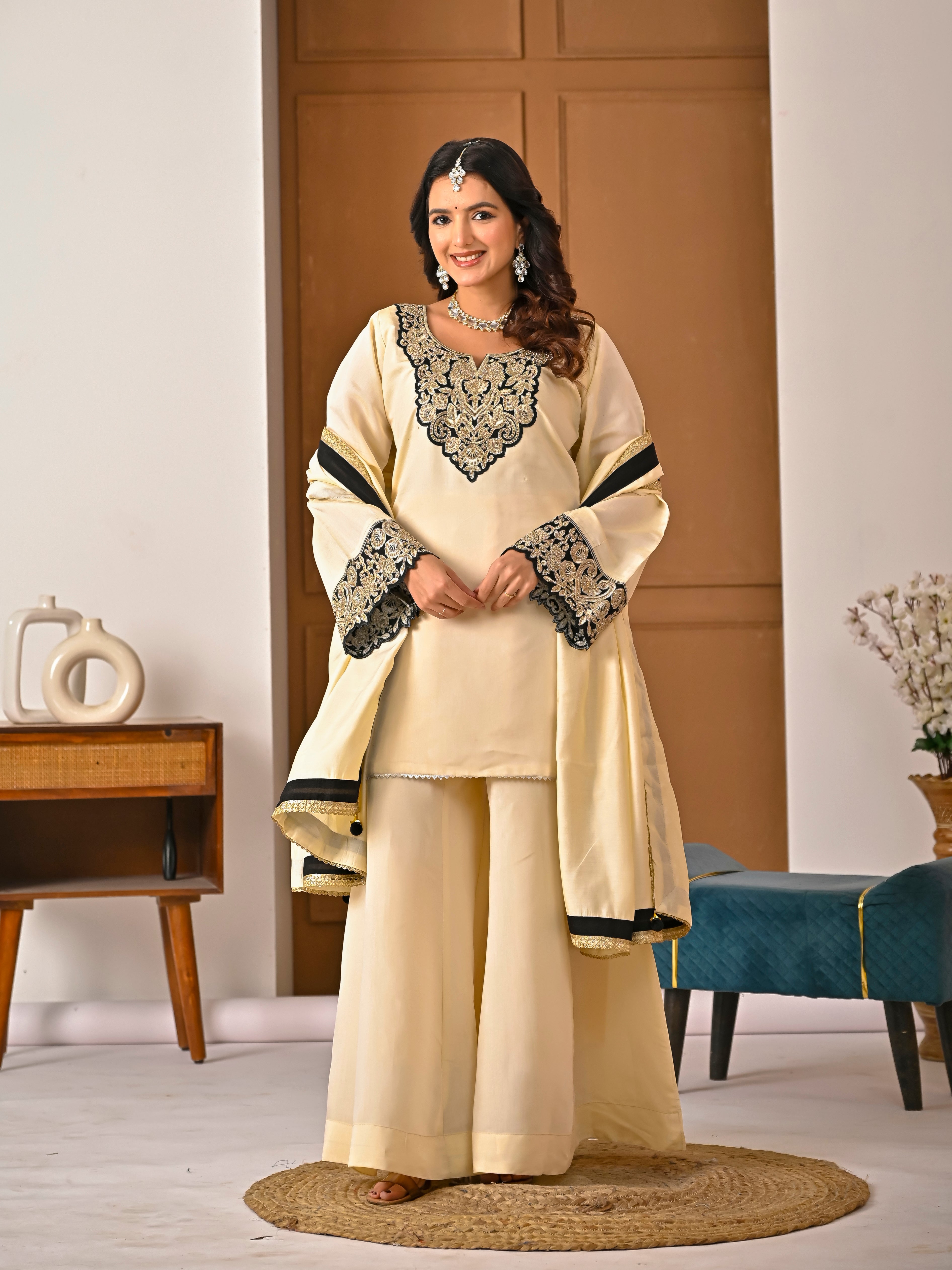 Your Designer Studio Roman Silk Embroidered Kurta Sharara Set with Dupatta