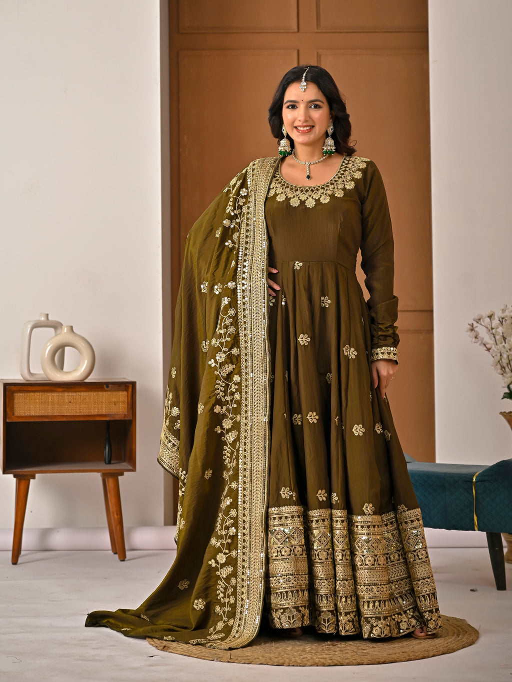 Your Designer Studio Olive Green NC Vichitra Fabric Fully Embroidered Anarkali Suit Set with Dupatta – Festive & Wedding Wear