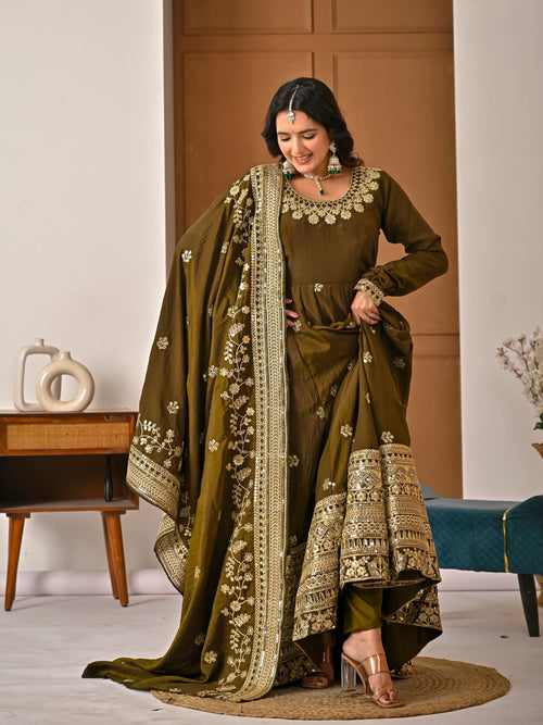 Designer Olive Green Vichitra Embroidered Anarkali Suit Set with Dupatta