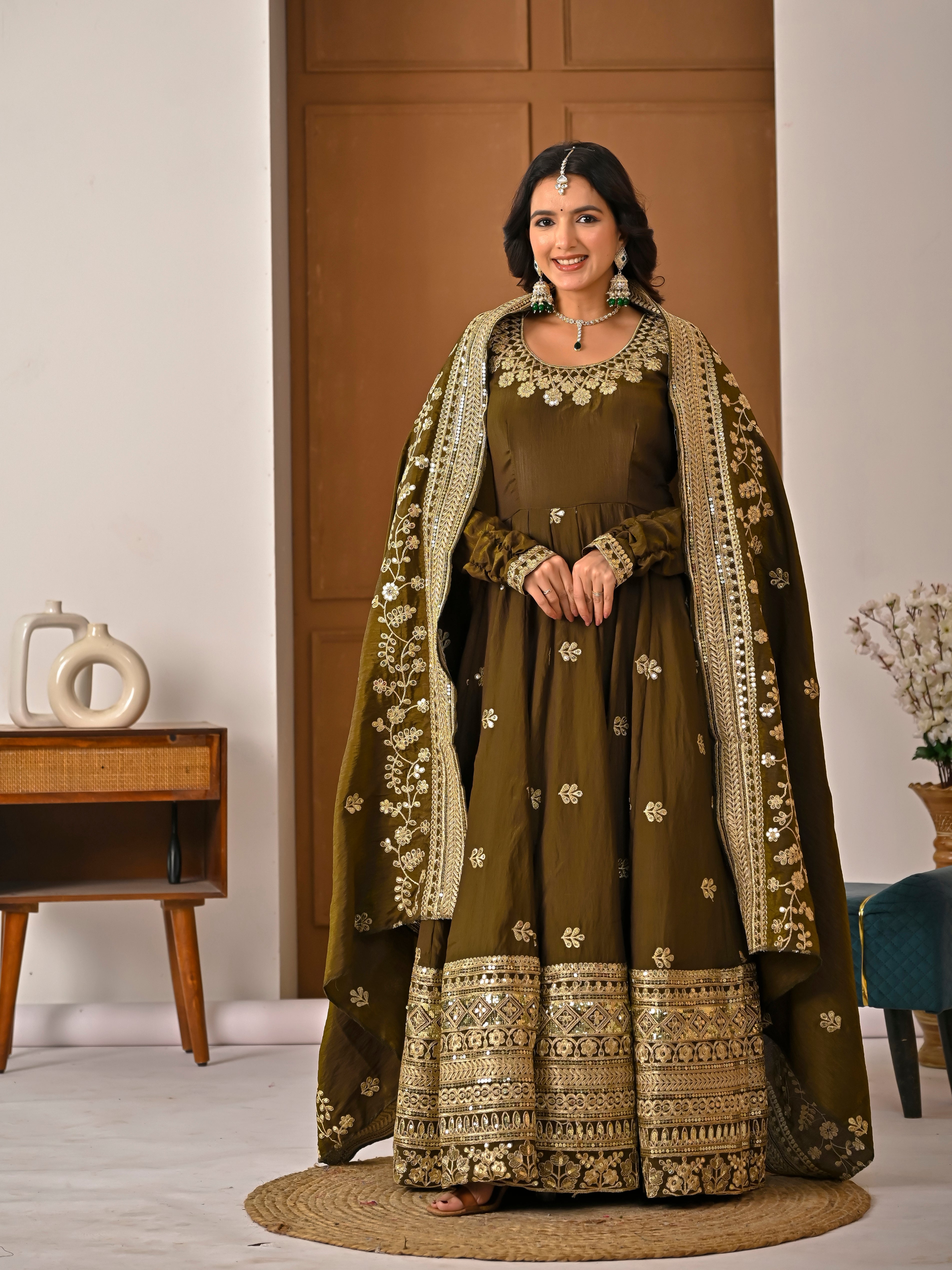 Avishkar Culture Olive Green NC Vichitra Fabric Fully Embroidered Anarkali Suit Set with Dupatta – Festive & Wedding Wear