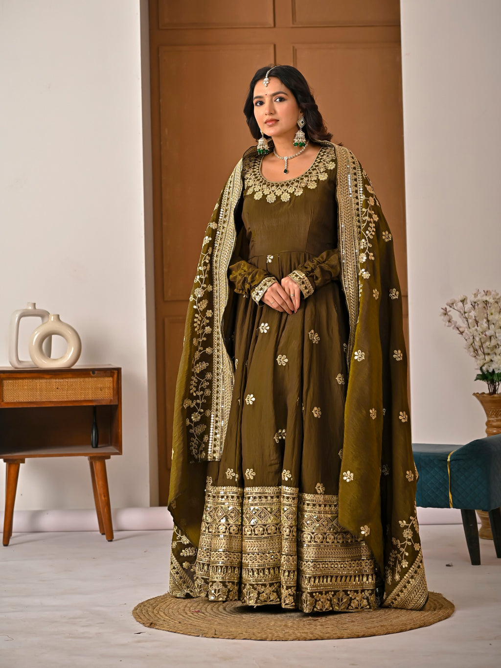 Your Designer Studio Olive Green NC Vichitra Fabric Fully Embroidered Anarkali Suit Set with Dupatta – Festive & Wedding Wear