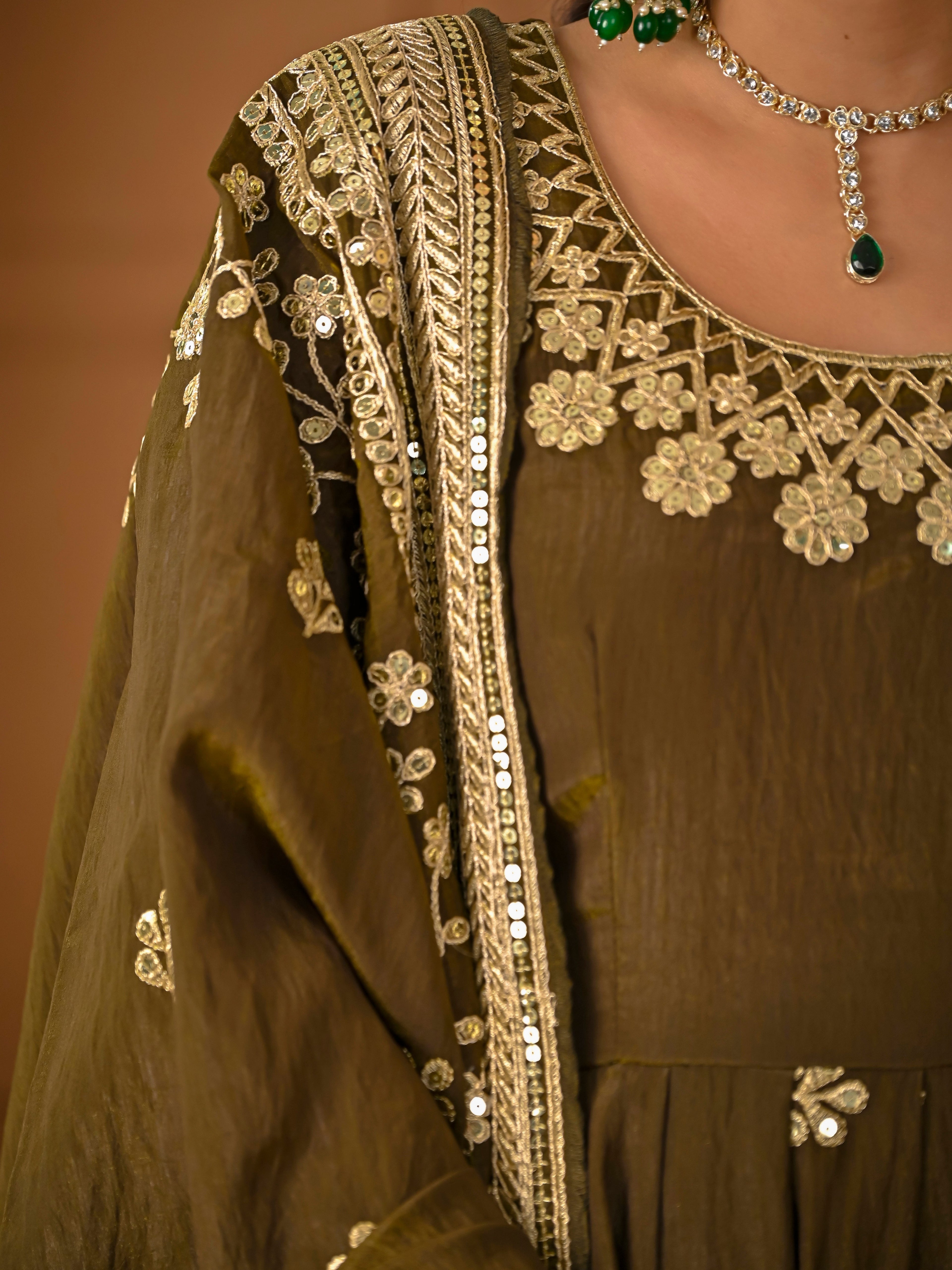 Your Designer Studio Olive Green NC Vichitra Fabric Fully Embroidered Anarkali Suit Set with Dupatta – Festive & Wedding Wear