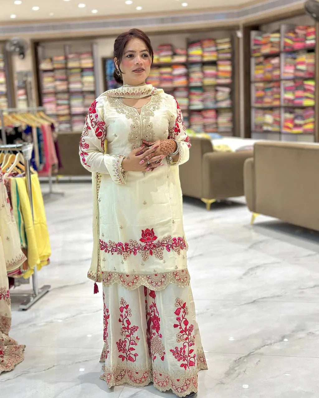 Festive & Wedding Wear White Chinon Silk Sharara Set for Women