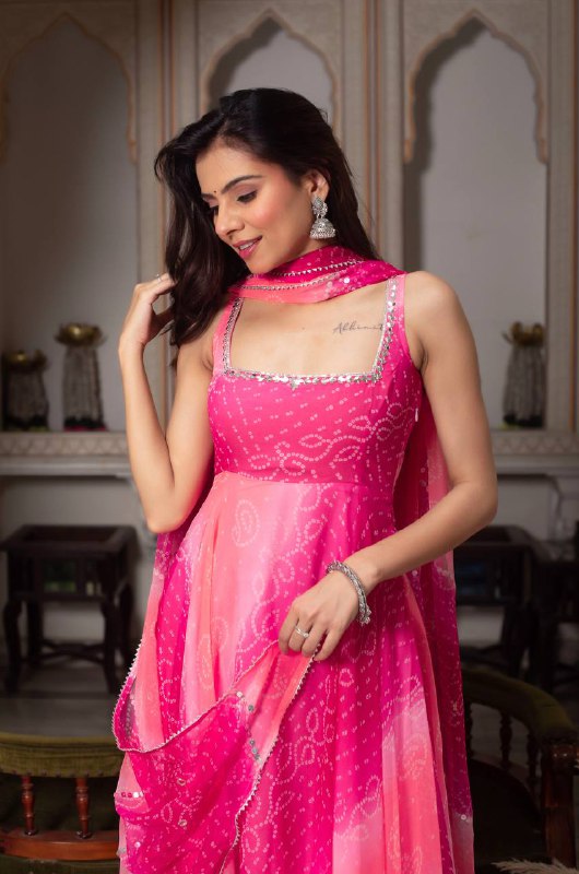 Avishka Culture Pink Ombre Faux Georgette Anarkali Suit Set with Real Mirror Handwork & Printed Dupatta | 3-Piece Festive Wear