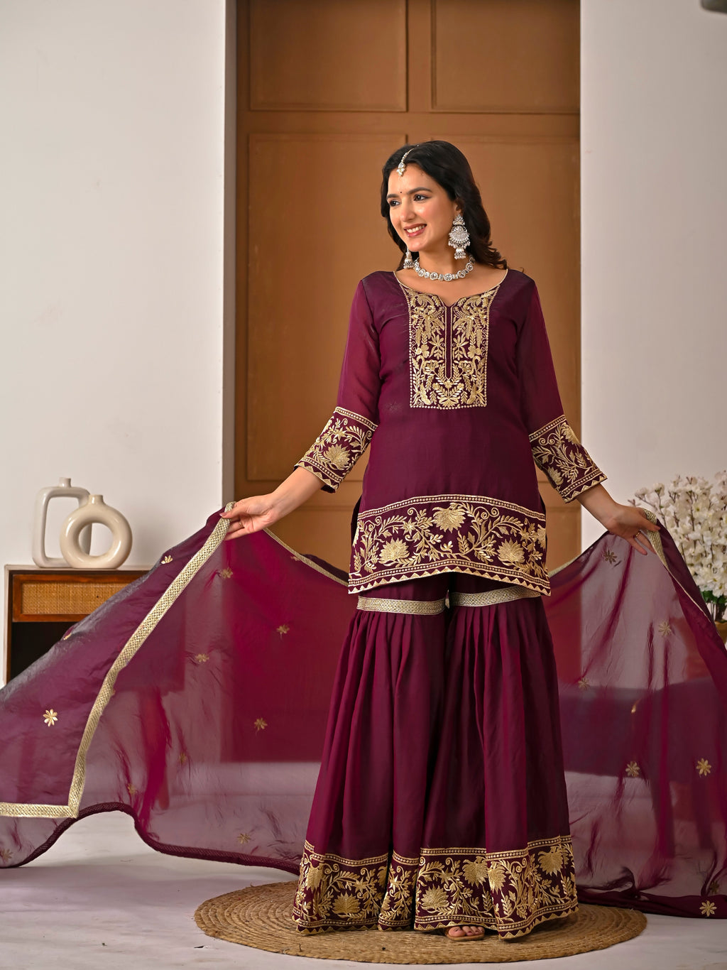 Wine Color Embroidered Fendy Silk Sharara Set | Your Designer Store
