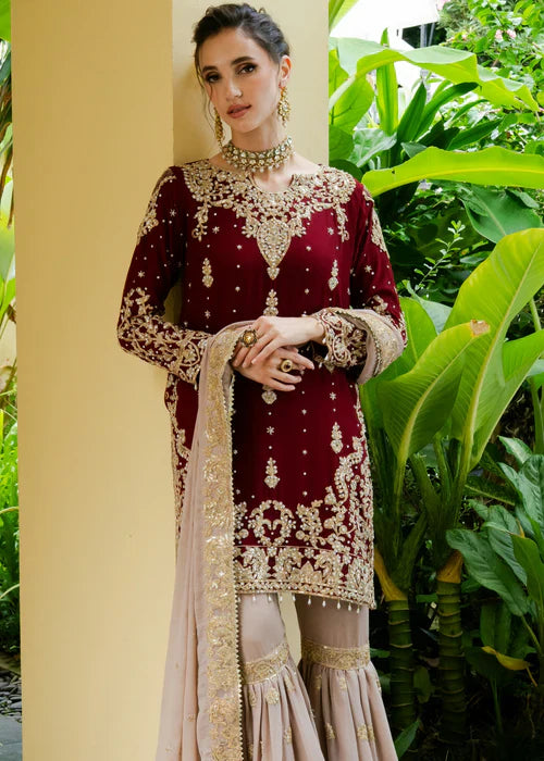 Your Designer Studio Wine Maroon Heavy Faux Georgette Embroidered Kurta Sharara Set with Dupatta | Designer Party & Wedding Wear