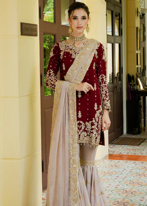 Your Designer Studio Wine Maroon Heavy Faux Georgette Embroidered Kurta Sharara Set with Dupatta | Designer Party & Wedding Wear