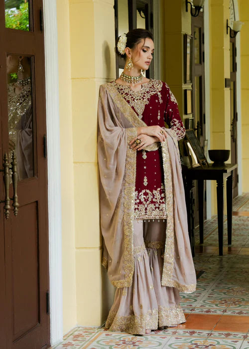 Your Designer Studio Wine Maroon Heavy Faux Georgette Embroidered Kurta Sharara Set with Dupatta | Designer Party & Wedding Wear